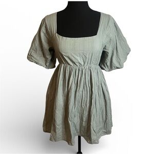 MABLE Sage Striped Puff Sleeve Mini Dress M Cottagecore Milk Maid Smocked pocket